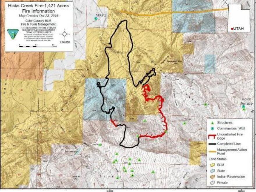 In this map from the U.S. Department of the Interior, the thick black line indicates a contained edge and the thick red line indicates an uncontrolled fire edge. This map shows a 60 percent containment rate of Utah's Hicks Creek Fire in October 2016.