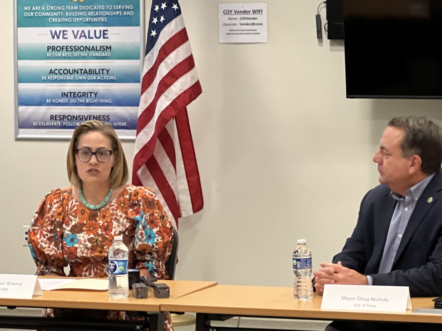 U.S. Sen. Kyrsten Sinema addresses first responders from throughout Yuma County at Yuma City Hall on Wednesday, Aug. 2, 2023. At right is Yuma Mayor Doug Nicholls.