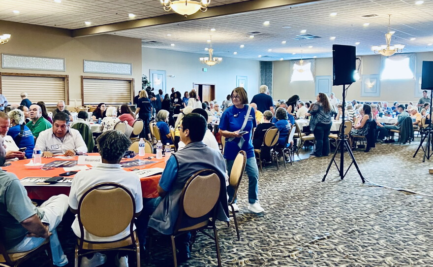 A standing-room only crowd of union workers, organizers, and volunteers pack Andorra Banquets in Schereville on Tuesday, October 13, 2026 for a Democratic canvass launch ahead of the November midterm elections.