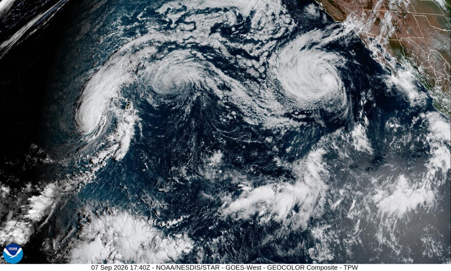 A satellite image shows Hurricane Lowell moving closer to the state on the morning of Monday, Sept. 7, 2026.
