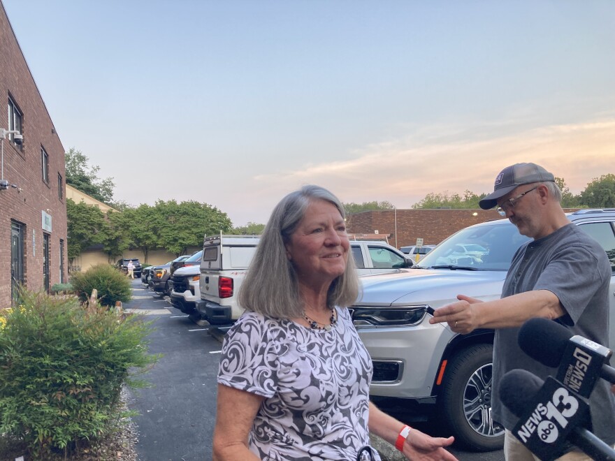 NC-11 Republican Party Chair Merry Guy speaks with reporters in Asheville Monday, Aug. 10, 2026.
