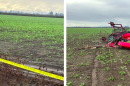 First image: A fallen helicopter near McMinnville, Ore., on Oct. 29, 2026. Second image: Three people were killed following a midair collision between two helicopters Thursday afternoon.