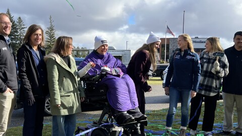 Myrna Peterson, center, smiles after pressing a button to launch confetti at a community celebration of the expansion of the GoMarti autonomous transit service Oct. 23, 2025, in Grand Rapids. Surrounding her are Karsten Kutterer of May Mobility, left, Minnesota Department of Transportation Commissioner Nancy Daubenberger, Minnesota Department of Iron Range Resources and Rehabilitation Commissioner Ida Rukavina, Plum Catalyst President Tammy Meehan Russell, state Sen. Keri Heintzeman, Judy Garland Museum Director Janie Heitz and Leech Lake Tribal planner Michael Reyes.