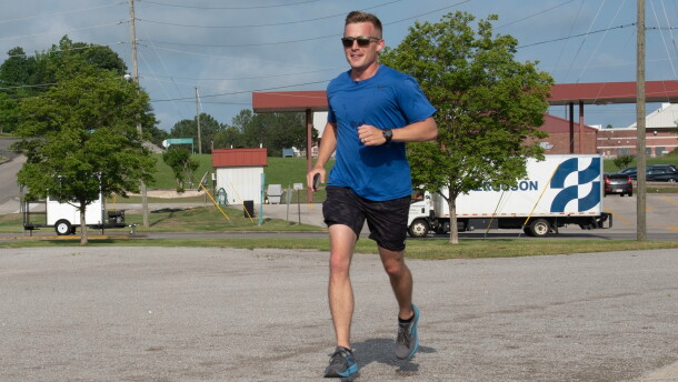In this photo provided by the U.S. Air National Guard, U.S. Air Force Capt. Alex Klinner, operations flight commander for the 99th Air Refueling Squadron, completes another lap during the Shell 77 Memorial Run at Sumpter Smith Joint National Guard Base, Birmingham, Ala., May 2, 2025. (Paul Mann/U.S. Air National Guard via AP)