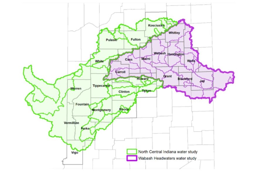 The study initially focused on the on upper Wabash River watershed, shown in purple, but was expanded to include its headwaters.