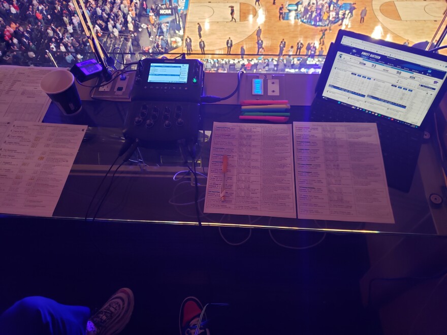 A look at the prep before the MSU-KSU game. Normally, the broadcasters have their computers up for live stats with their prep work in front of them for easy access during the call.