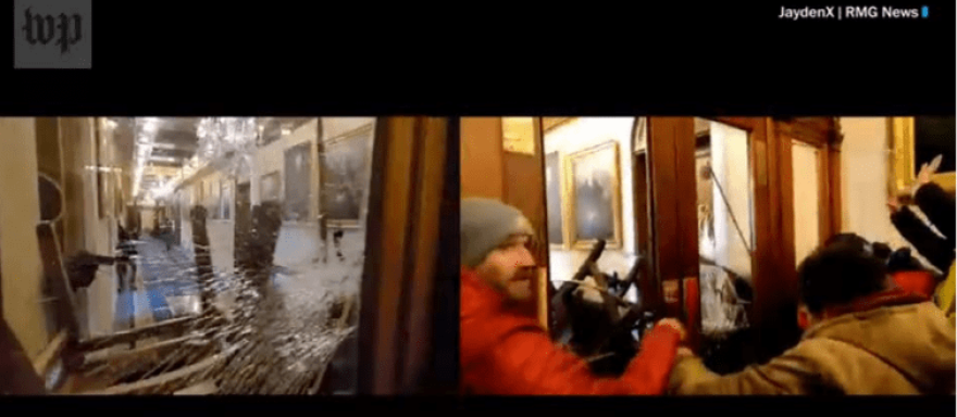 Stills from video taken during the storming of the Capitol show Chad Jones breaking a window at the entrance to the Speaker’s Lobby.