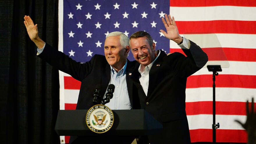 Vice President Mike Pence and gubernatorial candidate Ed Gillespie, R-VA, wave during a campaign rally Saturday at the Washington County Fairgrounds in Abingdon, Va.