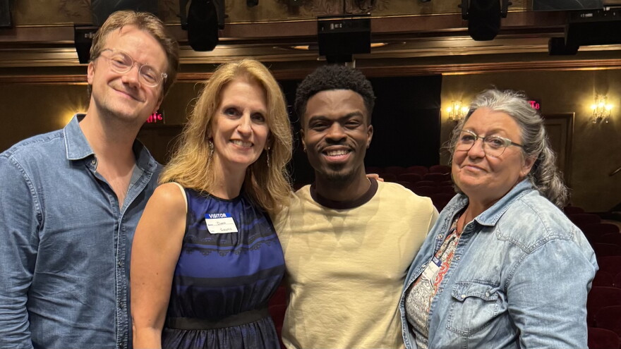 From left: Jacob Fjeldheim, Diana Rollo, Terrence Williams Jr. and Tammy Meyers, former Eastside High school drama teacher, after watching “Titaníque the Musical” on Broadway. The group got a backstage tour.