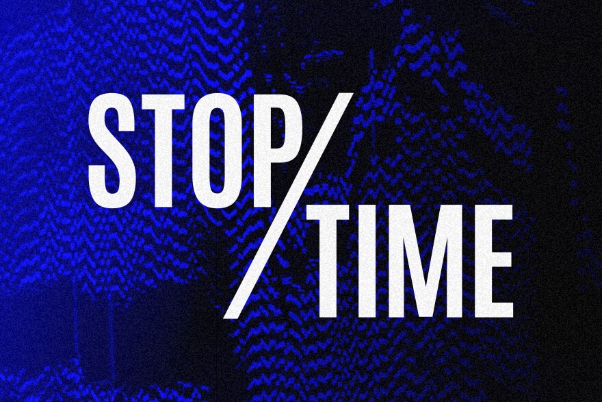 A still image of the words STOP/TIME