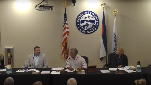 County Attorney Julie Andress (left) informs Commissioner Scott Mijares his rebuttal of recall efforts claims needs to be publicly noticed if they are to stretch beyond the public comment period.