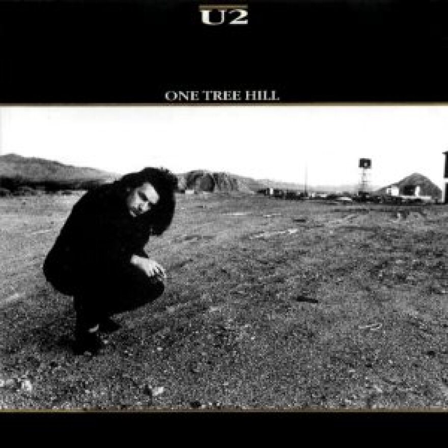 Bono of the band U2 crouching on dirt and soil in a desert area