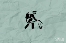 The image features a simple, black icon of a person wearing a backpack sprayer and spraying liquid onto a plant. The person is shown in a side profile, slightly bent forward, holding a hose with droplets coming out, directed at a small sprouting plant. The background is a pale green color with a crumpled paper texture. In the bottom-right corner, the word "STATESIDE" is written in bold white capital letters, with "SIDE" rotated vertically.