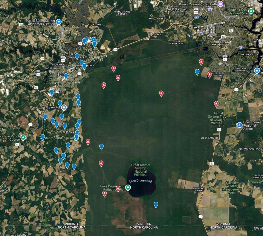 A map shows major spots documented in Chesapeake and Suffolk around the Great Dismal Swamp National Wildlife Refuge during the annual Christmas Bird Count in December 2025.