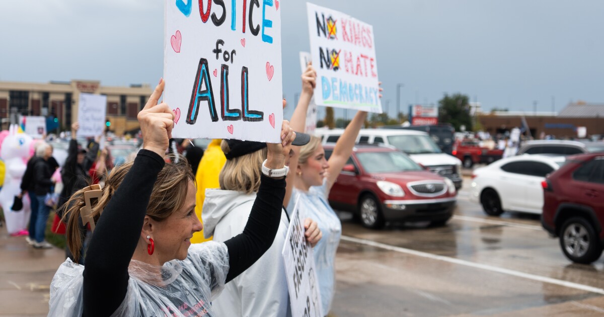 ‘No Kings’ protest draws hundreds in rain-soaked St. Peters