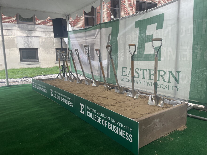 Shovels are prepared for a groundbreaking ceremony at Pierce Hall.