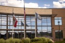 The Utah, United States and U.S. Department of Homeland Security flags fly outside Salt Lake City Immigration Court in West Valley City, July 6, 2026.