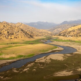 Low water levels in Lake Kaweah reveal the original path of the Kaweah River between Three Rivers and Lemon Cove, east of Visalia.