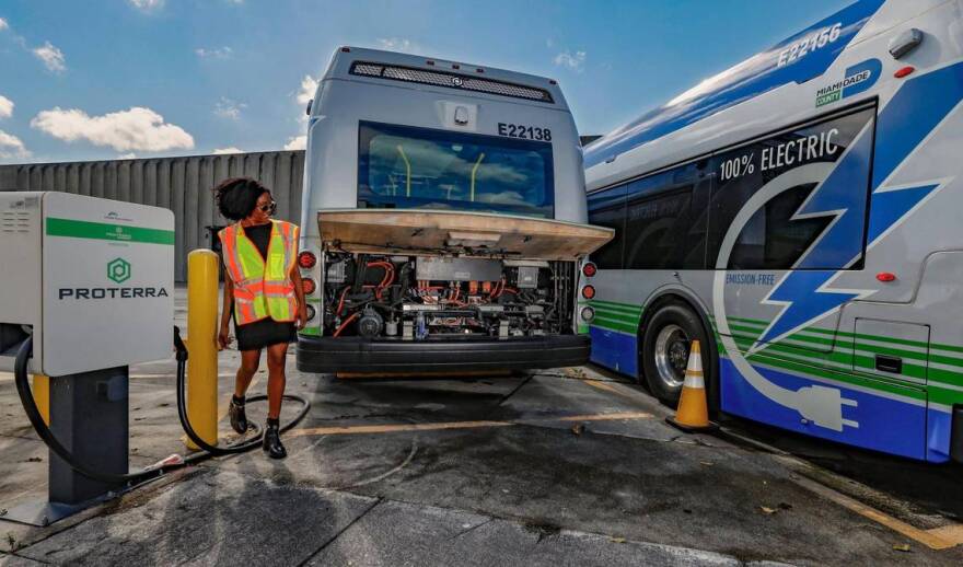A woman walks past buses parked outside.