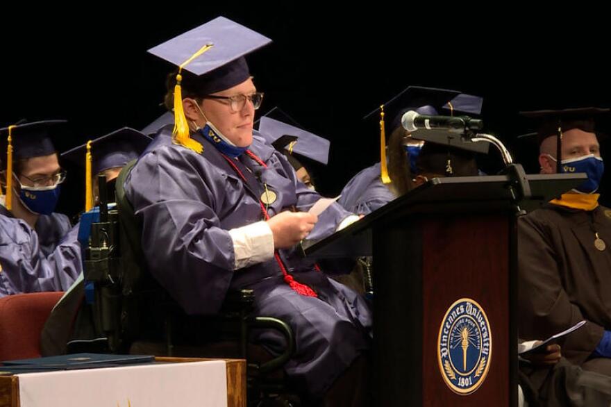 Parker Timberman speaks to his fellow graduates on Dec. 4 for mid-year commencement, during the first in-person ceremony from the school since Fall 2019.