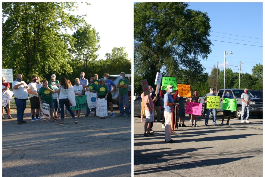 Counter-protestors on the left, including local farmers who use the biodigester's fertilizer and Renergy employees, exchange with protestors on the right, including nearby landowners and Democratic candidate for State House District 73 Kim McCarthy. 