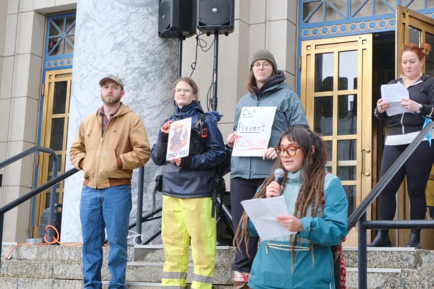 Fired federal workers formerly with the U.S. Forest Service based at the Mendenhall Glacier in Juneau speak at the Alaska State Capitol on March 21, 2025 about their experiences. The Forest Service was among the federal agencies in Alaska most heavily affected by job cuts.