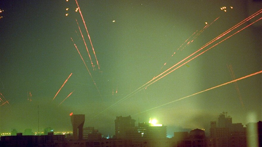 Iraqi antiaircraft fire lights up the skies over Baghdad in response to U.S. warplanes that bombed the Iraqi capital in the early hours of Jan. 18, 1991. The U.S. campaign drove the Iraqis out of Kuwait in a little over a month.