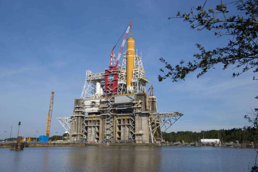 The massive core stage for NASA’s Space Launch System (SLS) rocket is in the B-2 Test Stand at NASA’s Stennis Space Center near Bay St. Louis, Mississippi, for the core stage Green Run test series. Photo: NASA