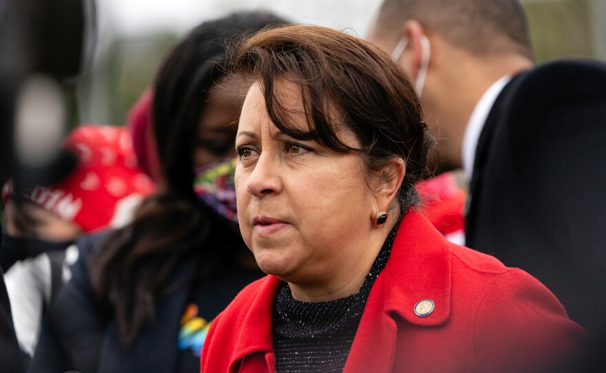 Minnesota state Sen. Patricia Torres Ray speaks at a press conference across the street from police headquarters in Brooklyn Center in 2021. Torres Ray has since retired from the state senate.