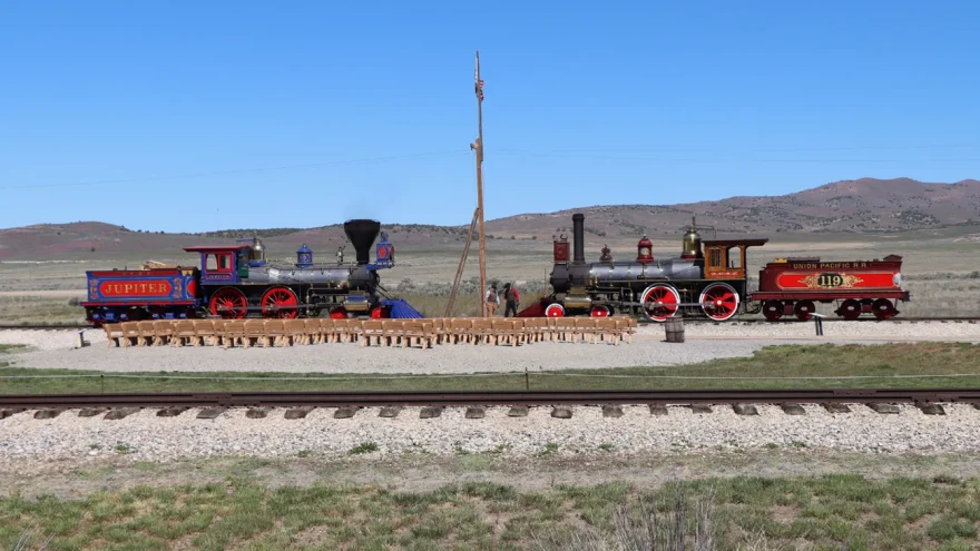 Replicas of the Jupiter and 119 locomotives sit at Golden Spike National Historic Park in Utah.