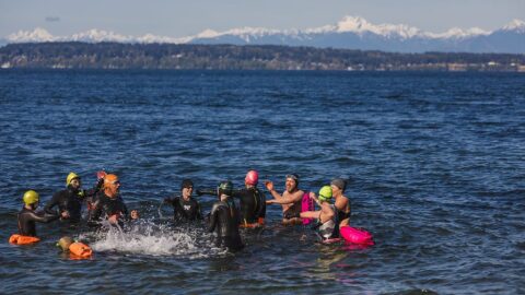 A group of people in bathing suits and wet suits splash in water on a clear day with snow-covered mountains in the background.