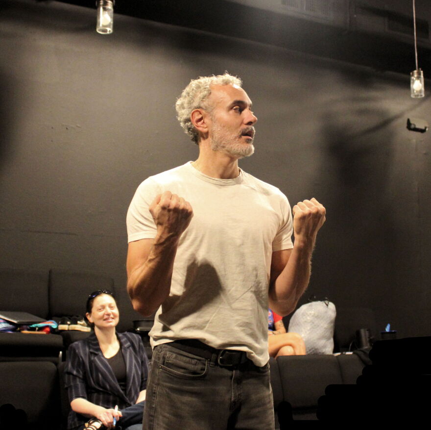 Casey Murphy (pictured here rehearsing scene at the gym) plays Alexander Graham Bell in 'Ahoy-Hoy' as Director Celine Rosenthal watches appreciatively.