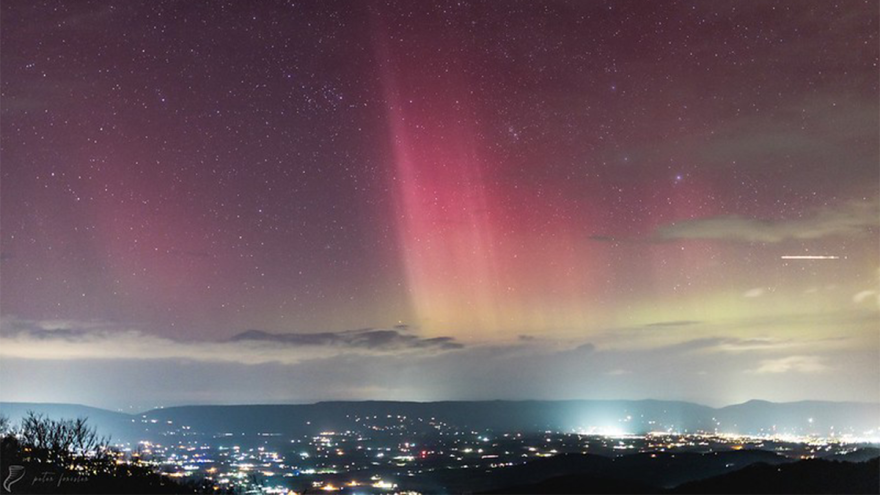 Vibrant shades of color over Stanley, Virginia during a 2023 geomagnetic storm. The picture was taken in Shenandoah National Park near Big Meadows. Courtesy of Peter Forister.