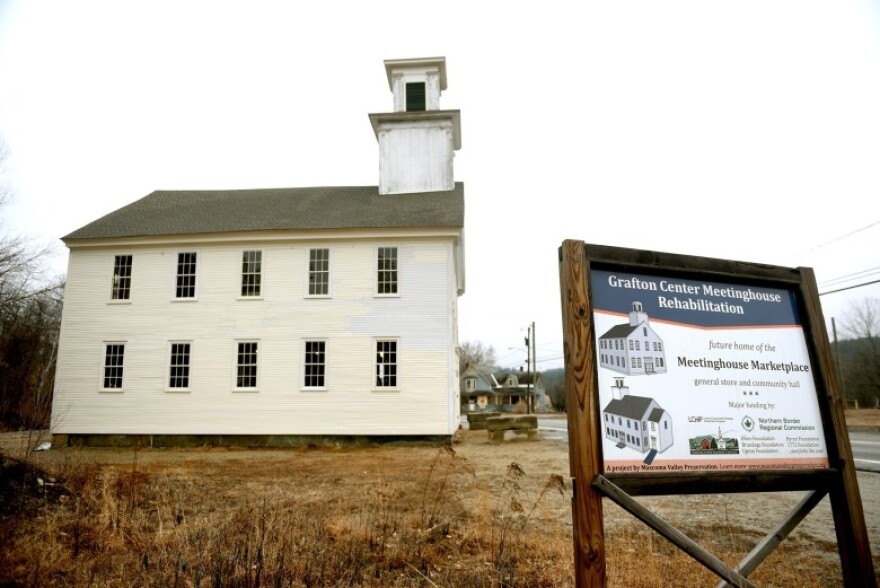 The Grafton Meetinghouse in Grafton, N.H., is owned by Mascoma Valley Preservation. The structure is being renovated with plans to run a general store on the first floor. (Valley News photo / April 7, 2026)