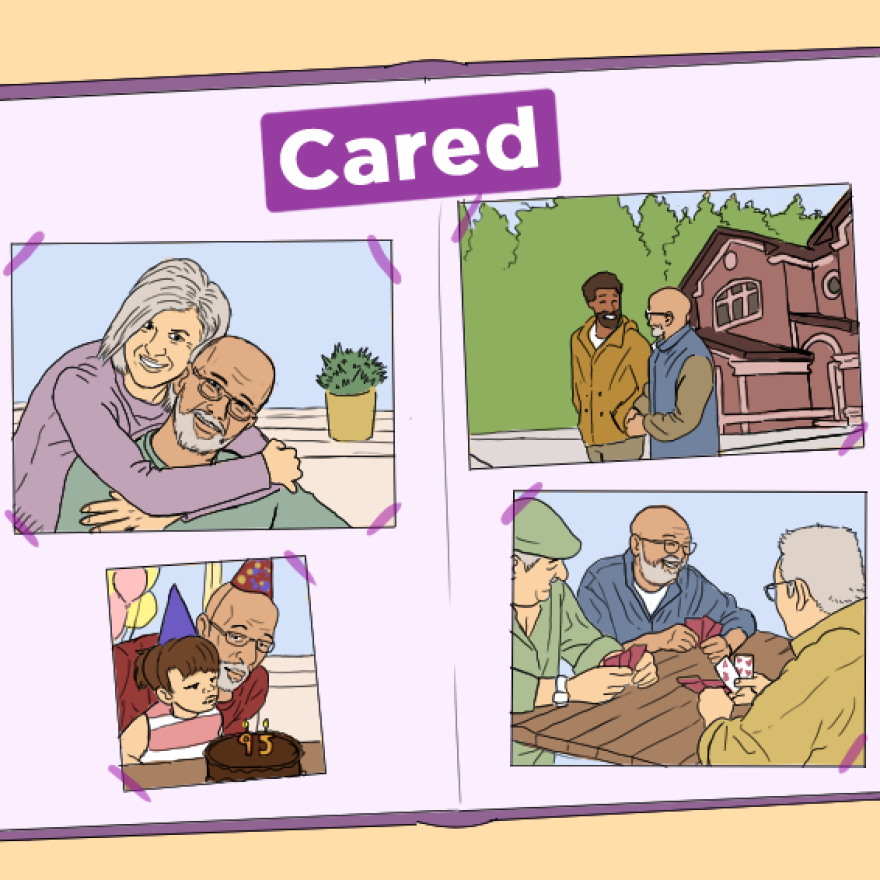 An illustration of a scrapbook featuring four photos of an older white man, who is bald, has a beard and wears glasses. In the photos clockwise from upper right photo: an older white woman hugs the man from behind; the man in front of a big house and trees talking with a Black man; the man with a young girl blowing out candles on a chocolate birthday cake that says ‘95’; the man sitting at a picnic table playing bridge with two other old white men. At the top of the scrapbook pages is the word ‘Cared’ in purple.