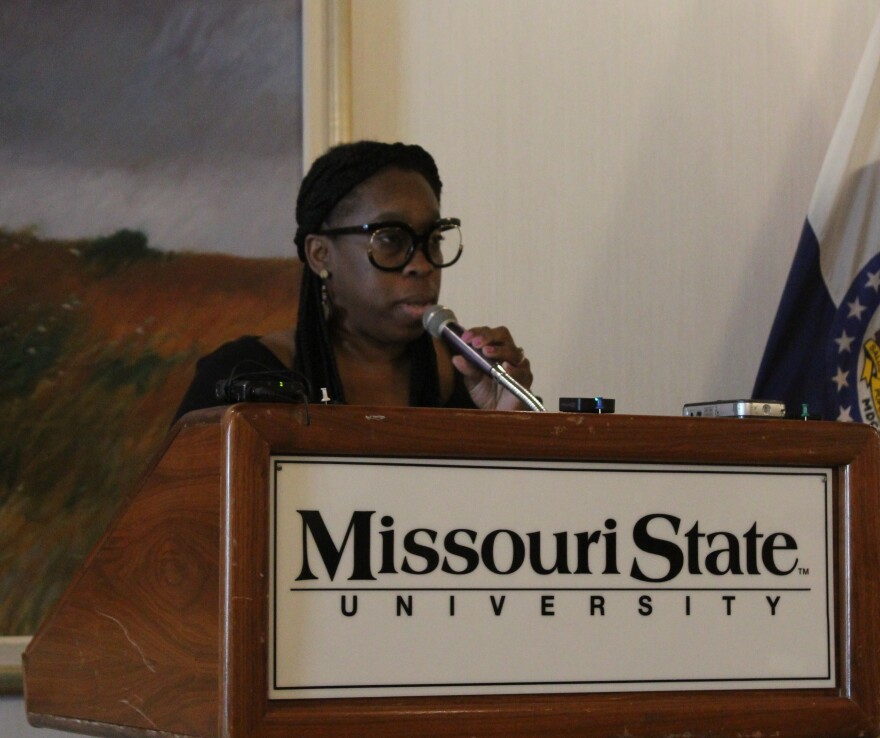 Kai Sutton, president of the NAACP Springfield Chapter speaks at the unveiling of a new marker at Kentwood Hall, part of the African American Heritage Trail on February 26, 2026.