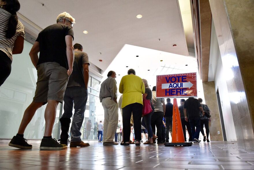 Voters line up to cast ballots at Austin Community College's Highland Campus in 2016.