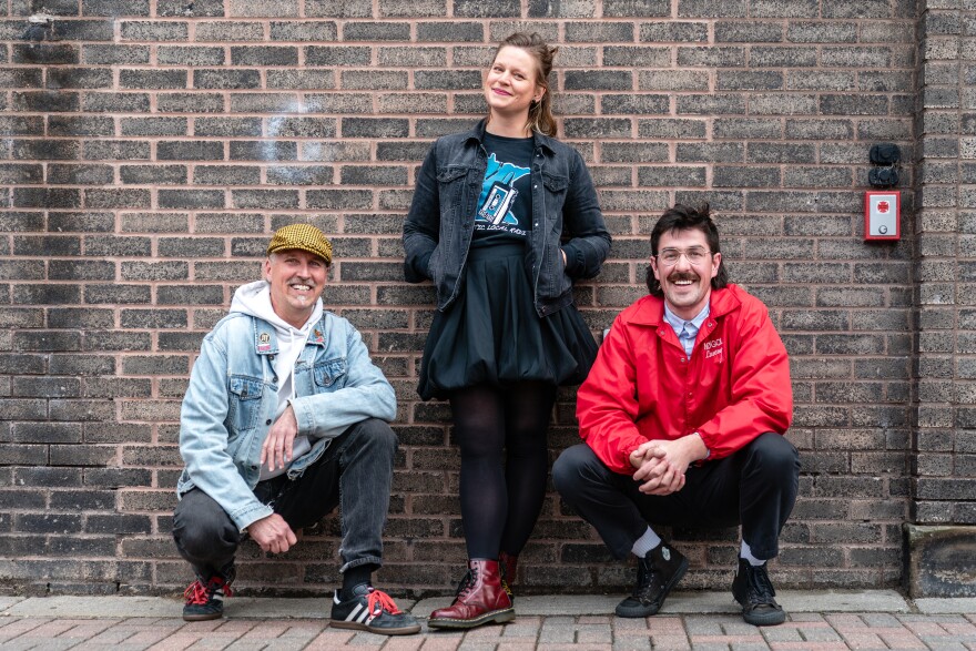 KAXE's music team, Dan Gannon, Kari Hedlund and Malachy Koons in Bemidji on May 1, 2025.