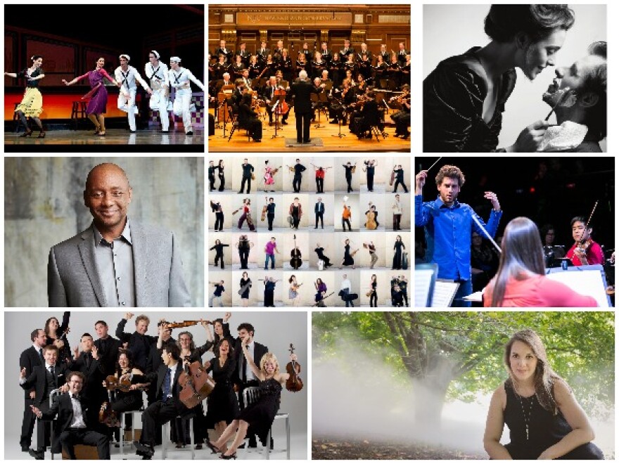 Clockwise from top left: Boston Ballet; Cantata Singers; Boston Lyric Opera; Phoenix Orchestra; Maria Finkelmeier; A Far Cry; Branford Marsalis; Les Talens Lyriques