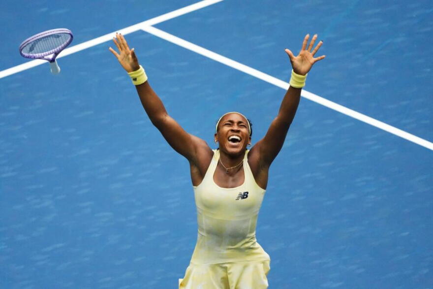 Coco Gauff, of the United States, celebrates winning a match against Mirra Andreeva, of Russia, during the quarterfinal round of the U.S. Open tennis championships, Wednesday, Sept. 9, 2026, in New York. (Seth Wenig/AP)