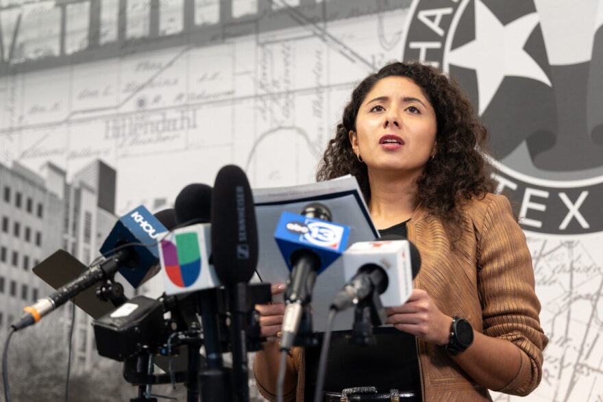 FILE: Harris County Judge Lina Hidalgo dismisses allegations of evidence tampering during a press conference on Nov. 10, 2023. 