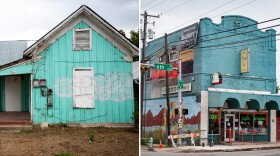 A diptych showing The Herrera House, which is a teal house with some graffiti markings on it, and Cisco’s Restaurant & Bakery, which is a blue restaurant with a sign with a man's face on it.