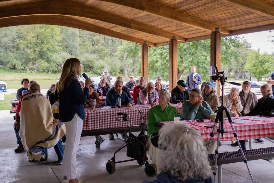 Democratic candidate Sarah Trone Garriott speaks at the Montgomery County Democrats annual Big Summer Picnic at Viking Lake State Park on Sept. 13, 2026. Trone Garriott is running against Republican incumbent Zach Nunn of Ankeny for Iowa's 3rd District Congressional Seat.