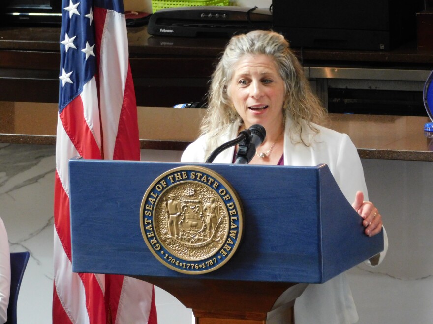 CEO of Undue Medical Debt Allison Sesso speaks about medical debt elimination in Delaware on Wednesday at the New Castle County Hope Center in New Castle, Del.