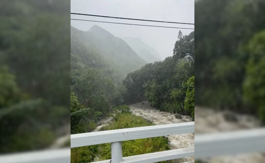 In this photo taken from ʻĪao Valley Road, the ʻĪao Stream looked more like a rushing river on Sunday, Feb. 8, 2026, as heavy rains blanketed the Maui area.