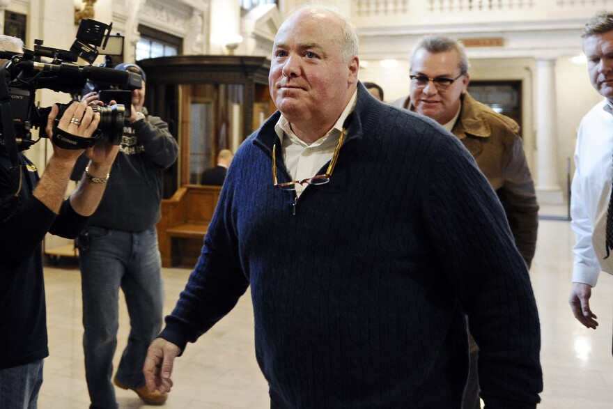 FILE - Michael Skakel enters the state Supreme Court for a hearing, in Hartford, CT, Feb. 24, 2016. Kennedy cousin Michael Skakel, whose murder conviction in the 1970s killing of a teenager in Connecticut was overturned, is suing the lead police investigator in the case and the town of Greenwich, Conn., for alleged malicious prosecution, civil rights violations and other claimed wrongdoing. (AP Photo/Jessica Hill, File)