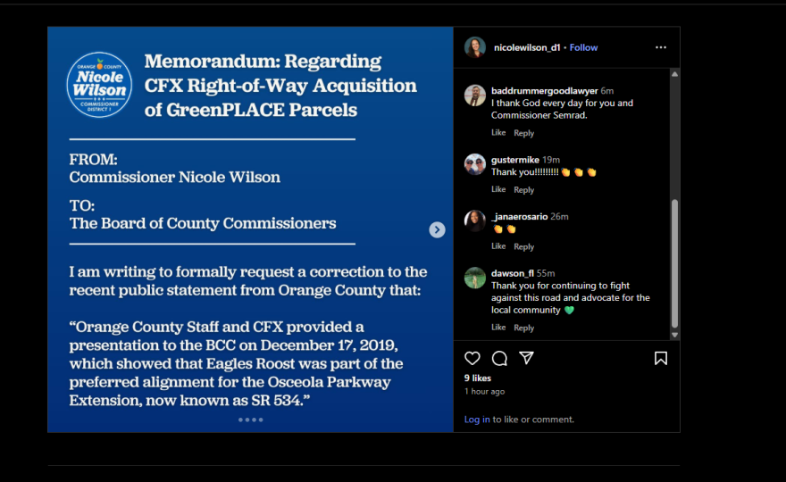 Orange County District 1 Commissioner Nicole Wilson is requesting that Orange County correct the record on a recent public statement about Eagles Roost, according to her Instagram post Thursday.