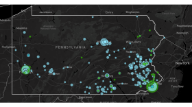 A map by the Anti-Defamation League showing reported antisemitic incidents, white supremacist events, or white supremacist propaganda across Pennsylvania in 2022.