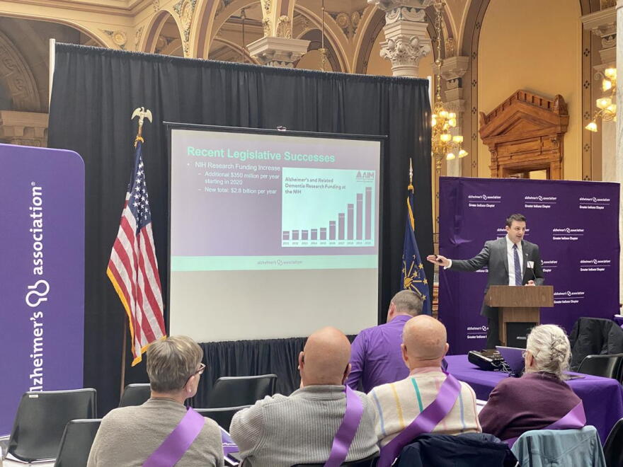 Director of Public Policy Jason Barrett address advocates at the Alzheimer's Association Greater Indiana Chapter's annual advocacy day Monday.