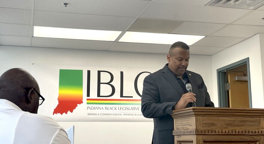 Rep. Earl Harris Jr. (D-East Chicago) speaks at the Indiana Black Legislative Caucus town hall meeting on June 3 in Indianapolis.